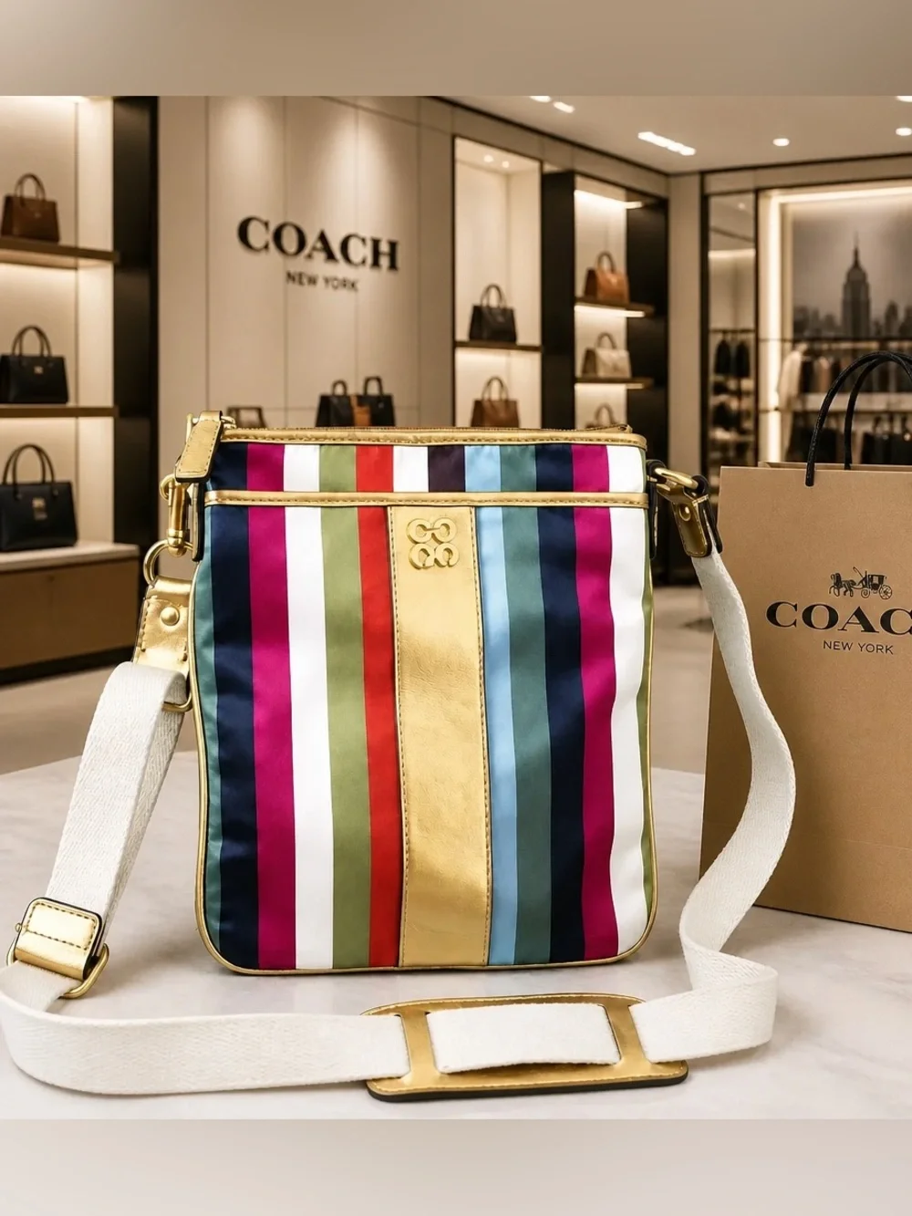 Coach Julia Legacy Striped Signature & Leather Crossbody Swingpack Purse